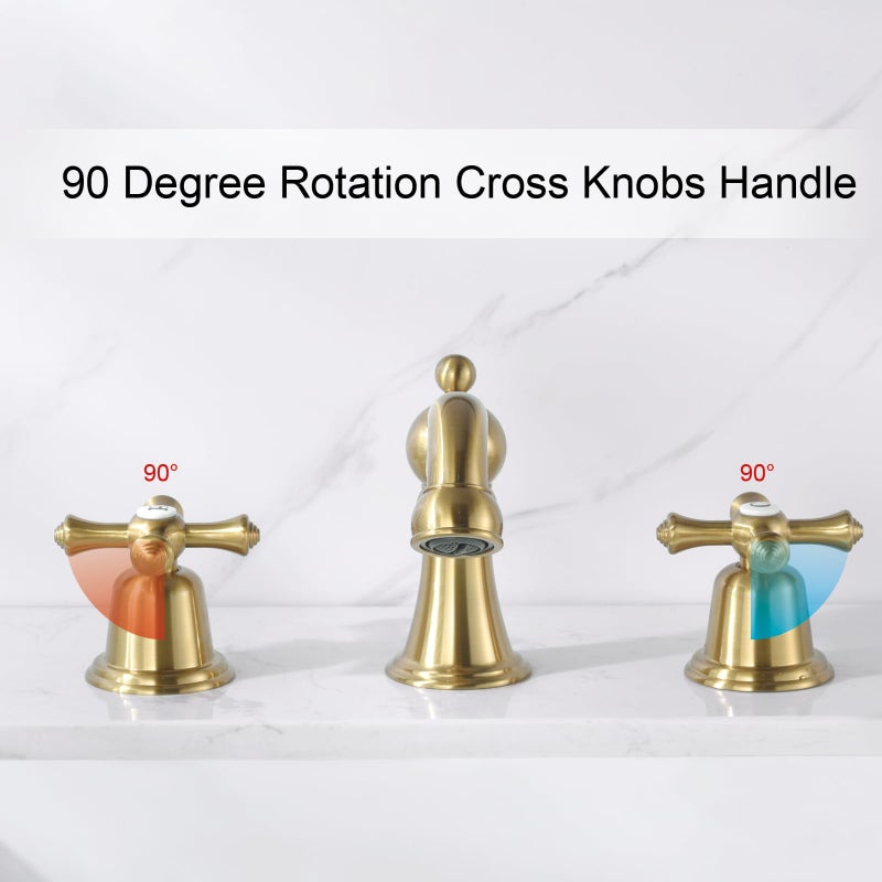 RKF Bathroom Faucets for Sink 3 Hole Gold 8 inch Widespread Bathroom Sink Faucet with Drain 2 Handles Cross Knobs Faucet Bathroom Vanity Faucet Basin Mixer Tap CWF033-BG - Image 5